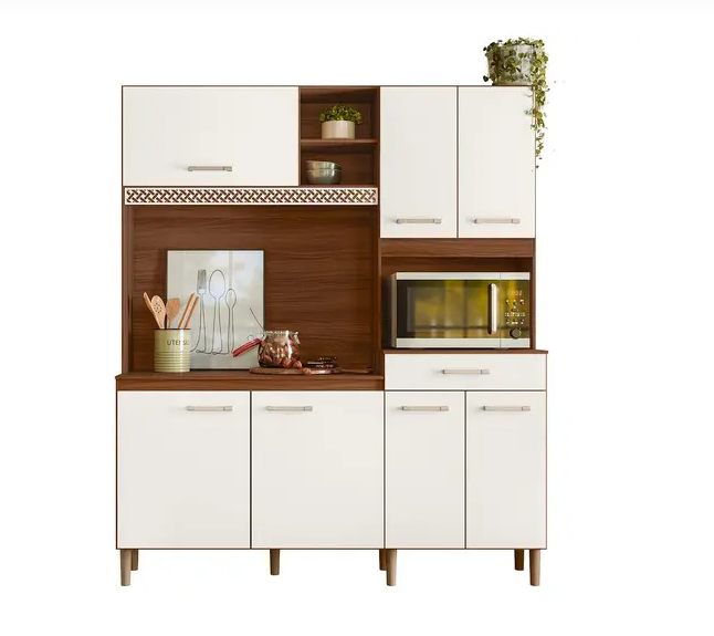 Armário Cozinha Compacta 160 CM 7 Portas 1 Gaveta 4 Prateleiras Espaço P/ Micro-ondas/Forno Yara