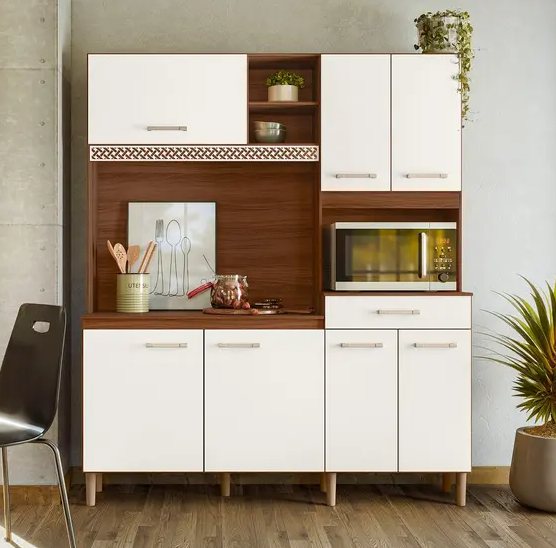 Armário Cozinha Compacta 160 CM 7 Portas 1 Gaveta 4 Prateleiras Espaço P/ Micro-ondas/Forno Yara