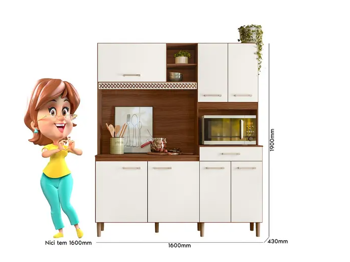 Armário Cozinha Compacta 160 CM 7 Portas 1 Gaveta 4 Prateleiras Espaço P/ Micro-ondas/Forno Yara