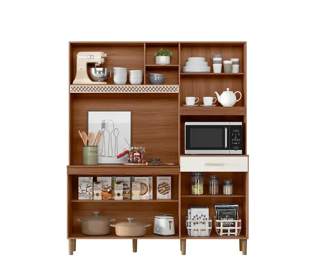 Armário Cozinha Compacta 160 CM 7 Portas 1 Gaveta 4 Prateleiras Espaço P/ Micro-ondas/Forno Yara