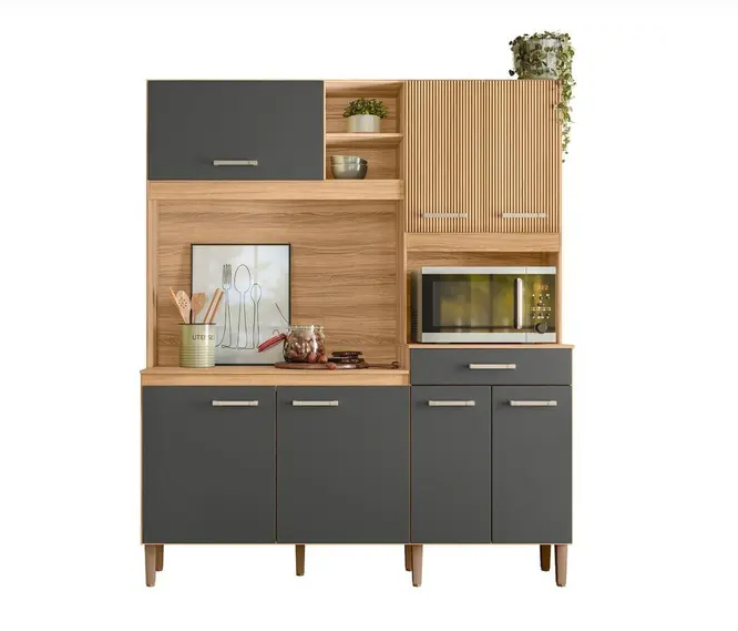Armário Cozinha Compacta 160 CM 7 Portas 1 Gaveta 4 Prateleiras Espaço P/ Micro-ondas/Forno Yara