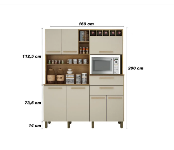 Armário de Cozinha Compacto em Madeira 7 Portas 2 Gavetas