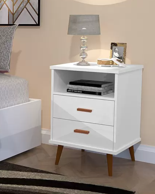 Mesa de Cabeceira Itália quarto Pés Palito madeira 2 gavetas 1 nicho