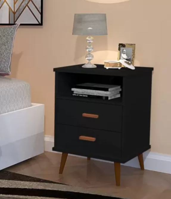 Mesa de Cabeceira Itália quarto Pés Palito madeira 2 gavetas 1 nicho