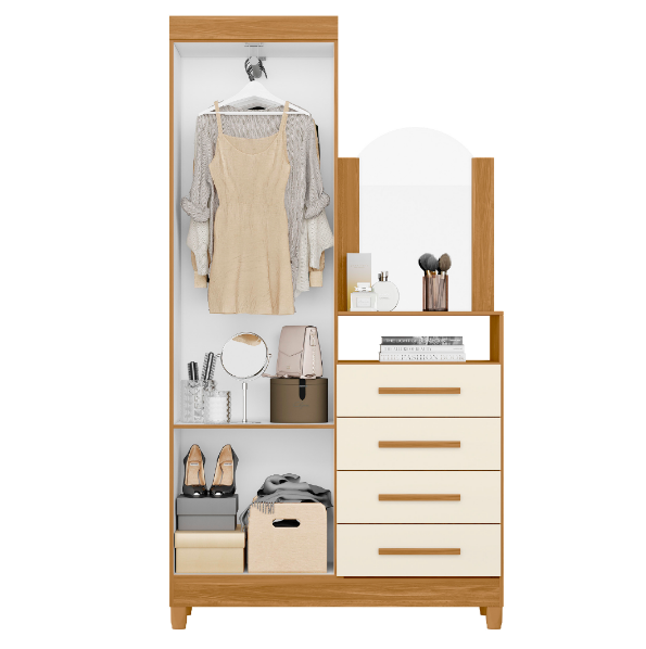 Guarda Roupa Solteiro com Espelho e Pés e Cômoda 2 Portas 4 Gavetas New Capri