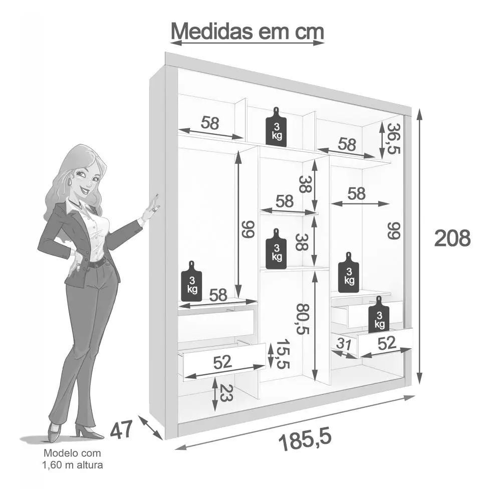 Guarda Roupa Casal com Espelho 3 Portas 4 Gavetas Panamá