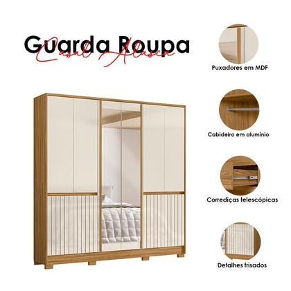 Guarda Roupa Casal Alasca Frisado com Espelho 6 Portas e Pés