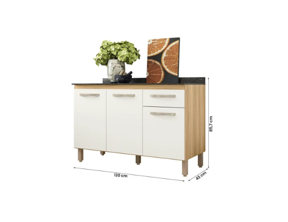 Balcão de Cozinha Fit com 3 Portas e 1 Gaveta